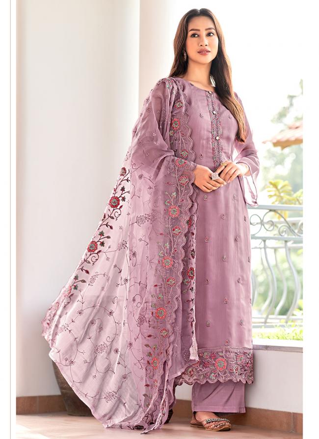 Organza Chiffon Lilac Eid Wear Embroidery Work Pakistani Suit